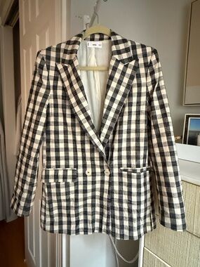 Mango Black and Cream Checked Double-Breasted Blazer, Sz. Small